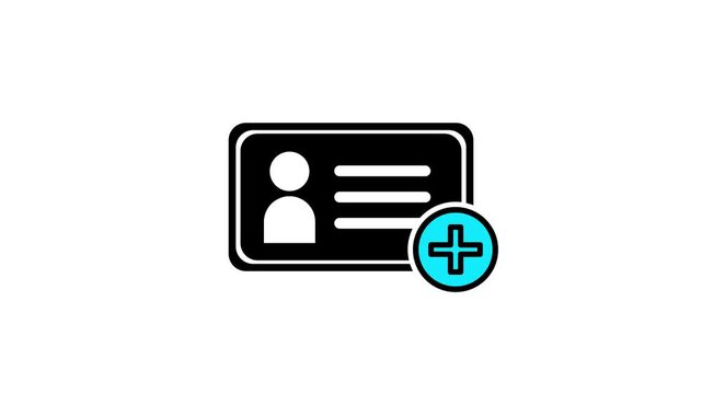 Digital identification card icon with user profile silhouette and blue plus symbol, representing adding new contact, registration, identity verification, healthcare records, and account creation.