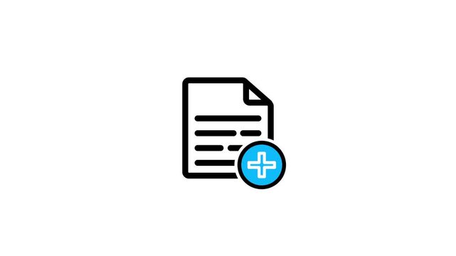 Document File with Blue Plus Add Icon for Creating New Records, Uploading Forms, Adding Information, Digital Management, Office Applications, and Modern Interface Design Technology , 4k animation .