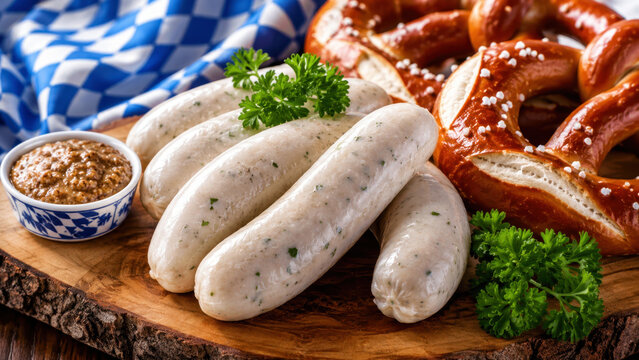 Bavarian vegan weisswurst with sweet mustard presented with beer on a wooden table Oktoberfest