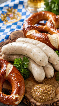 Oktoberfest bavarian vegan weisswurst with sweet mustard plated with parsley plus brezn, wiesn meal pairing sausage with mustard, vegan street food