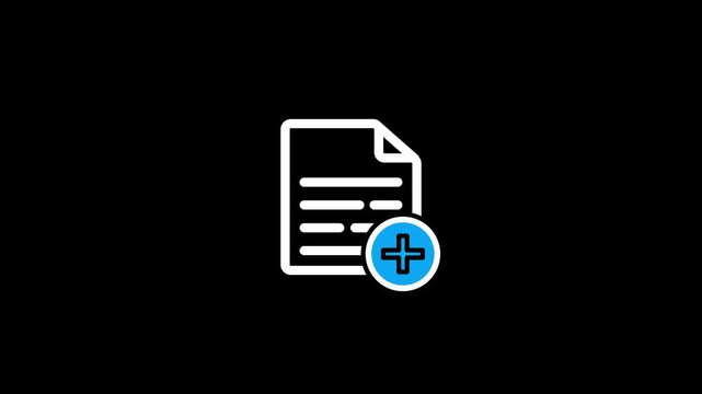 Document File with Blue Plus Add Icon for Creating New Records, Uploading Forms, Adding Information, Digital Management, Office Applications, and Modern Interface Design Technology , 4k animation .