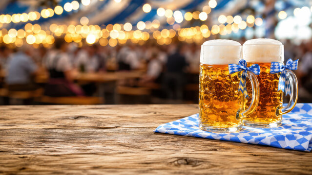 Regional two oktoberfest beer mugs on a wooden table beside a blue white festival cloth, copy space