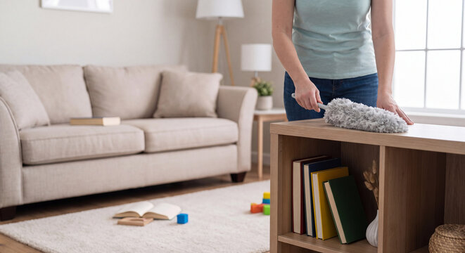 Diligent housekeeper cleaning dust from wooden shelf cabinet with a fluffy duster while maintaining neat order in bright domestic interior