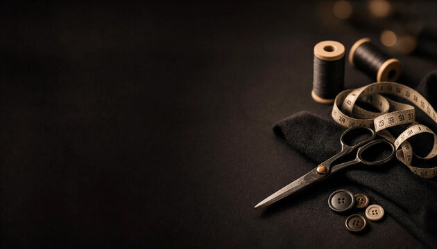 Sewing scissors, thread spools, measuring tape, fabric, and buttons arranged on a dark surface with generous copy space.
