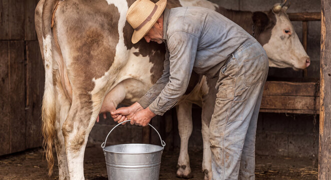 Elderly farmer in straw hat milking a dairy cow by hand into an aluminum bucket inside a rustic wooden barn shed