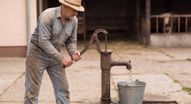 Senior farmer operating vintage manual water well pump to fill metal bucket in rustic rural farm courtyard