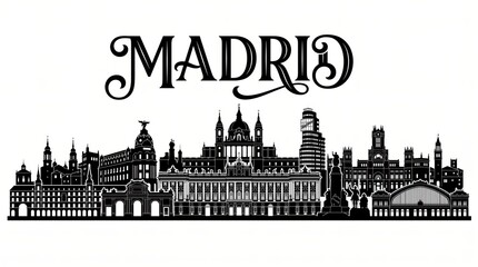 Fototapeta premium Extremely detailed Madrid, Spain landmark-rich silhouette and elegant MADRID lettering.