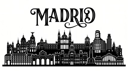 Obraz premium Extremely detailed Madrid, Spain landmark-rich silhouette and elegant MADRID lettering.