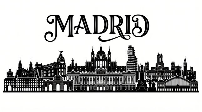 Extremely detailed Madrid, Spain landmark-rich silhouette and elegant MADRID lettering.