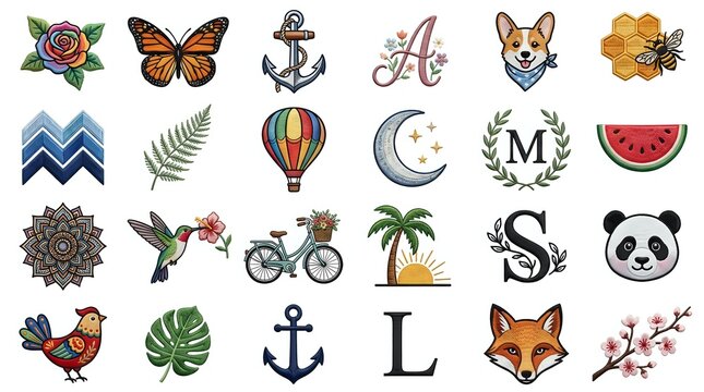 Colorful embroidery patch icon set featuring animals, nature