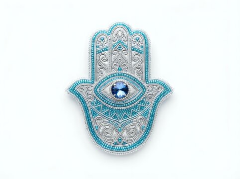 Turquoise and silver hamsa hand with ornate filigree patterns