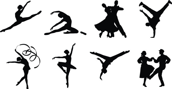Eight dance silhouettes showing diverse styles and poses on white background illustration