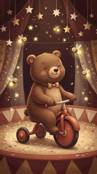 Adorable brown teddy bear performing a cute trick on a small red tricycle inside a magical circus tent illuminated by twinkling glowing fireflies