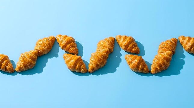 Freshly baked croissants arranged in a row on bright blue background