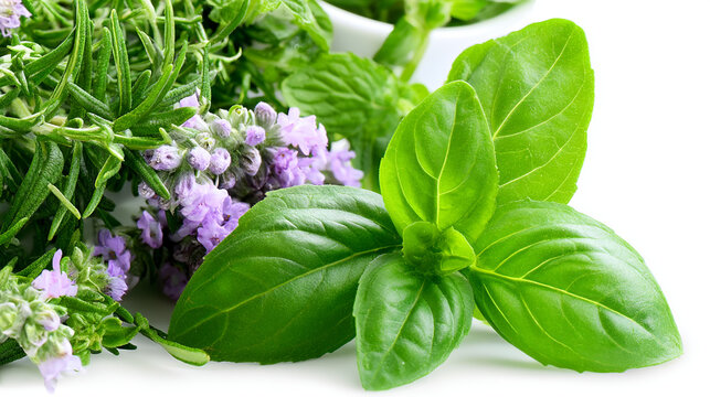 Fresh basil leaves and flowering thyme sprigs with rosemary on a white background