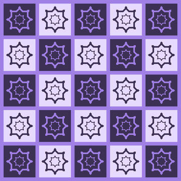Seamless Geometric Star Pattern with Checkerboard Layout in Purple and Violet Tones