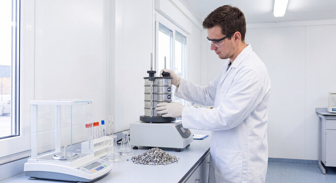 Scientist in white lab coat conducting particle size analysis and quality control of geological stone samples in laboratory.