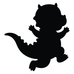 Black silhouette of a cute little baby dinosaur running and playing in a happy cartoon style © NIL
