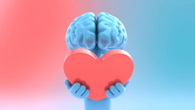 Blue cartoon brain holding a red heart against a split pink and blue background