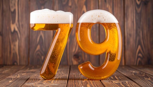Beer Typography &mdash; Number 79 with Bubbles and Foam on Wooden Background