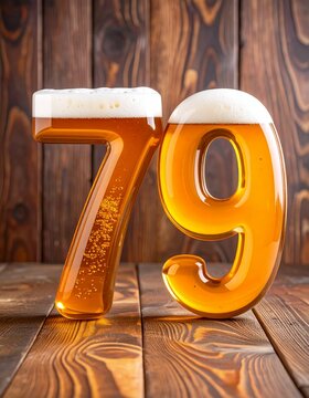 Beer Typography &mdash; Number 79 with Bubbles and Foam on Wooden Background