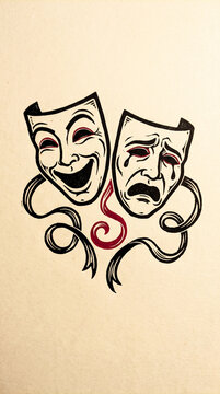 Classic theatrical comedy and tragedy masks art design featuring expressive dramatic faces capturing the duality of performance and human emotions