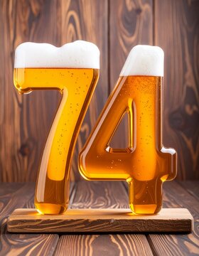 Beer Typography &mdash; Number 74 with Bubbles and Foam on Wooden Background