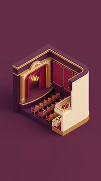 Isometric 3D theatrical stage illustration featuring elegant velvet seating rows and a classic proscenium arch for luxury cinema or performance venue