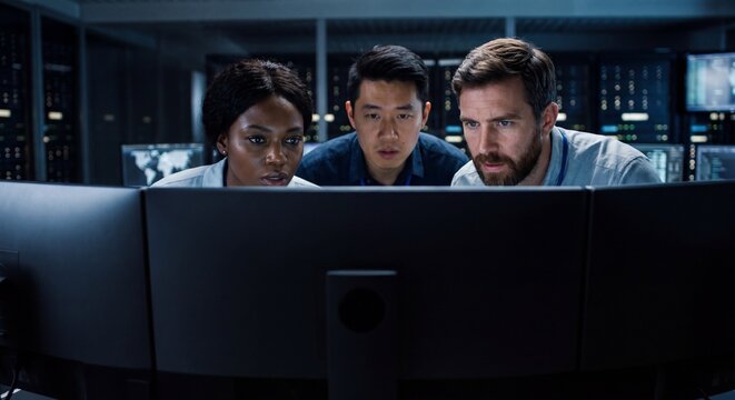 IT cybersecurity team monitoring systems in dark tech operations center