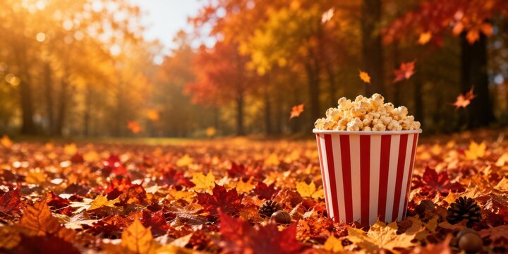 Red and white popcorn container resting on fallen leaves in a colorful autumn forest, representing entertainment, leisure, recreation, cinema. Seasonal banner with copy space