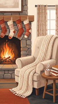 Cozy interior scene featuring a comfortable armchair with a knitted blanket next to a warm fireplace with Christmas stockings hanging and a hot beverage on a small wooden table