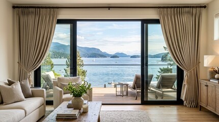 Fototapeta premium Luxury living room with ocean view, modern interior design, comfortable sofa and deck chairs