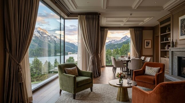 Luxury mountain view living room with fireplace and lake vista