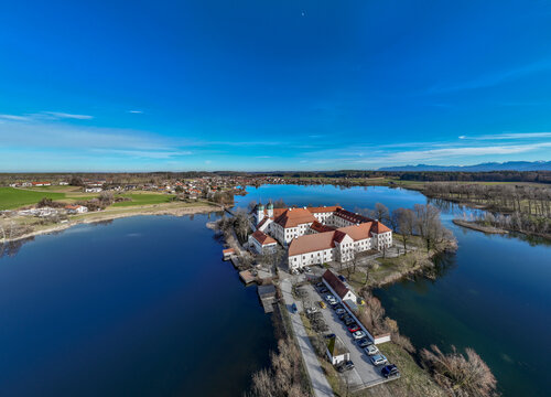 Aerial view, Seeon Monastery, Klostersee, Seeon-Seebruck, Chiemgau, aerial view, Upper Bavaria, Bavaria, Germany