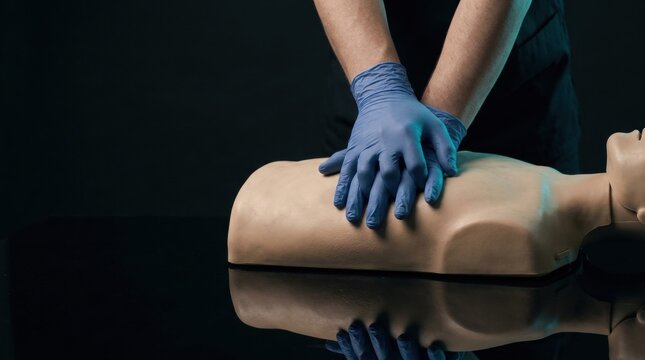 Person in blue gloves performing chest compressions on a CPR mannequin emergency response