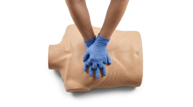 Hands in blue gloves performing chest compressions on a CPR training mannequin emergency response