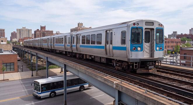 Passenger commuter train moving across an elevated railway track structure above an urban street with buses and buildings