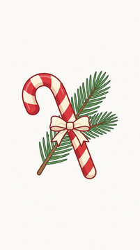 Festive vector illustration of a traditional candy cane decorated with evergreen pine branches and a cute holiday bow, isolated on a clean white background for seasonal designs