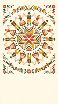 Traditional folk dance vector illustration featuring people in colorful cultural costumes dancing in a circle around a geometric star mandala motif with floral decorative border