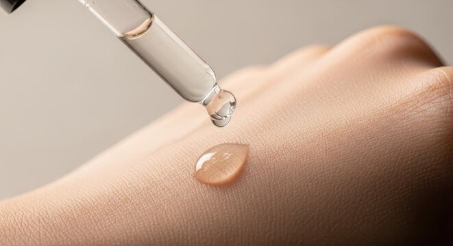 Macro View of Cosmetic Serum Dropper Applying Clear Liquid to Skin for