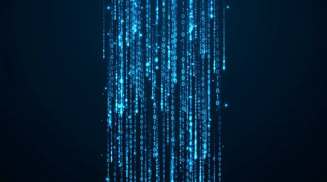 Blue glowing binary code matrix background falling down
