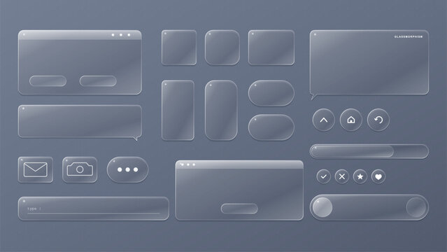 Glassmorphism ui kit elements set with transparent frosted glass buttons, windows, and icons for modern mobile and web interface design