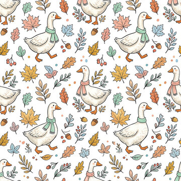 Cute white goose in cozy scarf with autumn leaves seamless pattern watercolor