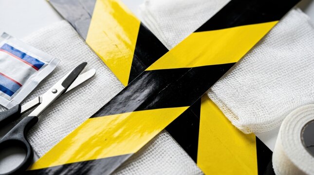Caution tape medical supplies and scissors arranged as a first aid concept emergency response