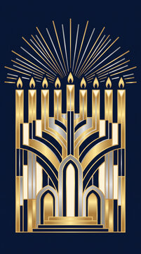 Art Deco style Hanukkah menorah with lit candles and radiating rays on a dark blue background vector illustration