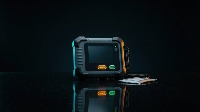 Portable automated external defibrillator with screen and buttons for emergency medical use