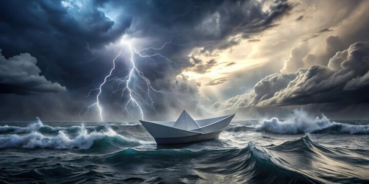 A fragile paper vessel navigates a tempestuous ocean, amidst a dramatic sky filled with powerful lightning strikes and towering, dark clouds.