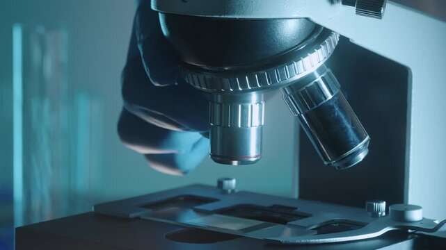 Microscope objective lenses rotating to switch magnification in laboratory close-up view