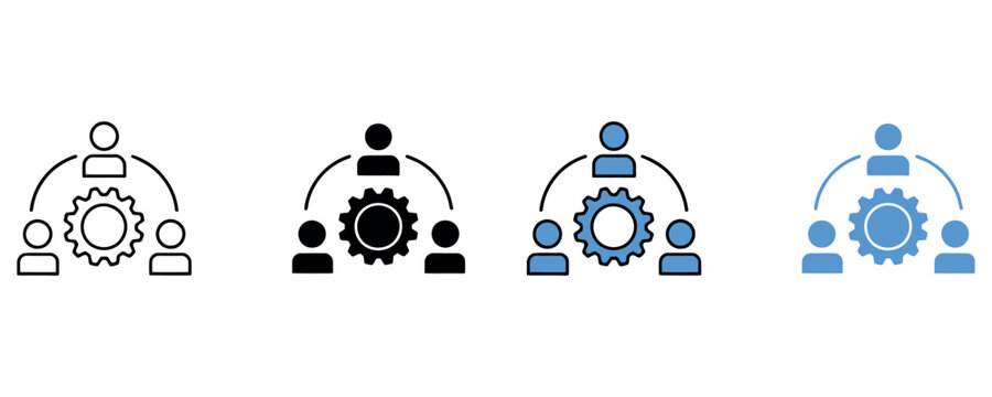 Teamwork and collaboration icon with people and gear symbol, representing business process and synergy.