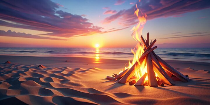 Serene Sunset Beach Bonfire  Warm Embers Glow on Sandy Shores as the Sun Dips Below the Horizon